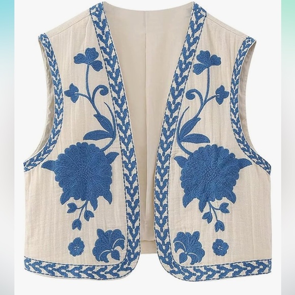 Jackets & Blazers - Embroidery Blue Flower Vest